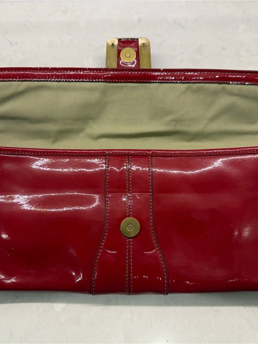 Cole Haan Red Patent Leather Clutch with Gold Accent Buckle